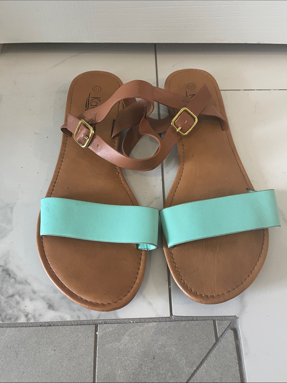 Women’s Two-Tone Ankle-Strap Sandals - Mint & Tan
